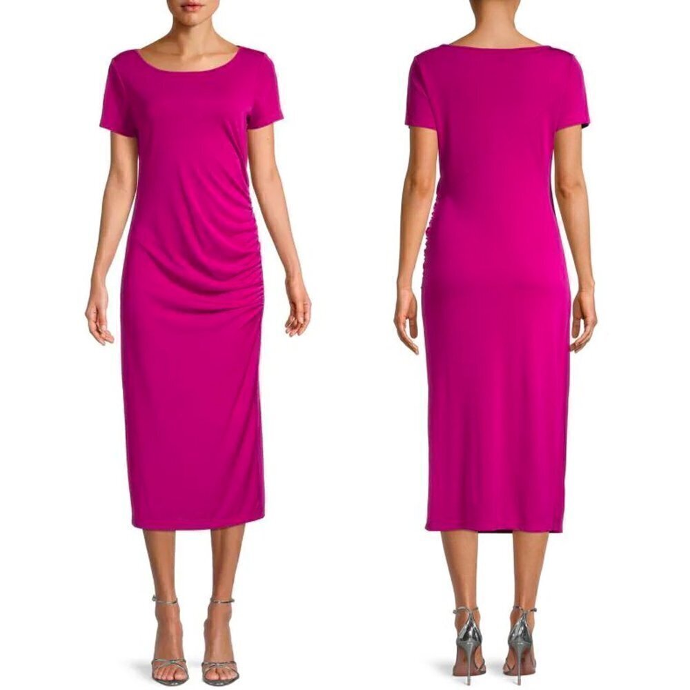 Donna Karan NY Size Medium Magenta Purple Side Tucked Short Sleeve Dress Midi